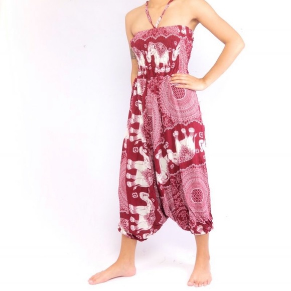 Pink Elephant Print Hippie Boho Drop Croctch Romper M/L - Picture 1 of 5